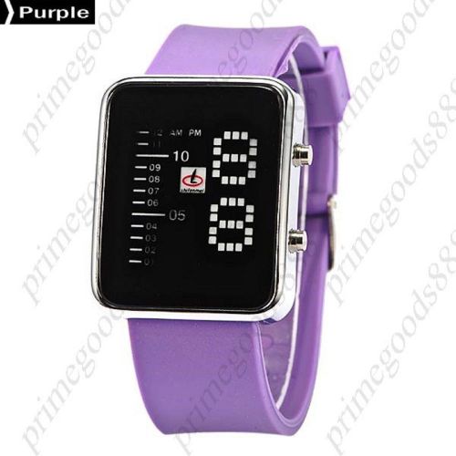 Unisex Digital Square Dial Blue LED Wrist Wristwatch Silicon Band in Purple