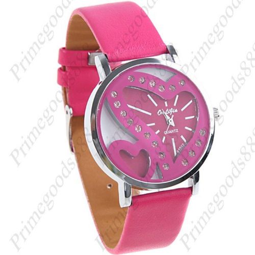 Heart Hearts PU Leather Analog Lady Ladies Quartz Wristwatch Women&#039;s Hot Pink