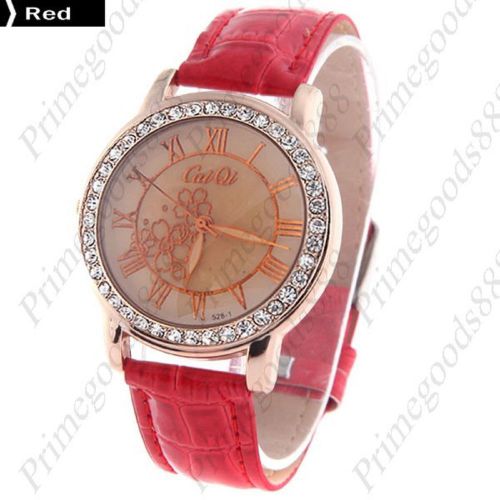 Flowers Round PU Leather Lady Ladies Wrist Quartz Wristwatch Women&#039;s Red