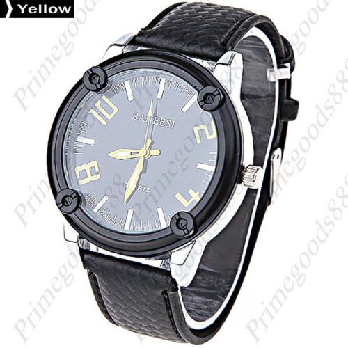 PU Leather Round Case Quartz Wrist Men&#039;s Free Shipping Wristwatch Yellow Numbers