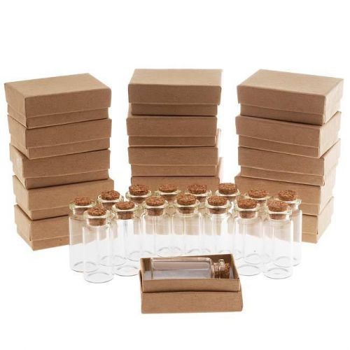 Clear glass bottle with cork 50x22mm and kraft brown jewelry boxes (16 each) for sale