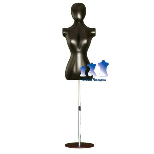 Inflatable Female Torso with Head Black and Aluminum Adjustable Stand Brown Base