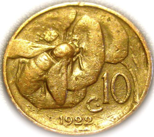 Honeybee Coin - Italy - Italian 1922R 10 Centesimi Coin - Great Coin - RARE