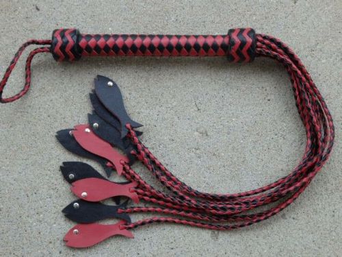 NEW Cat Of 9 Tails Flogger Black &amp; RED Leather Nine Studded Fish Tips HORSE TOOL