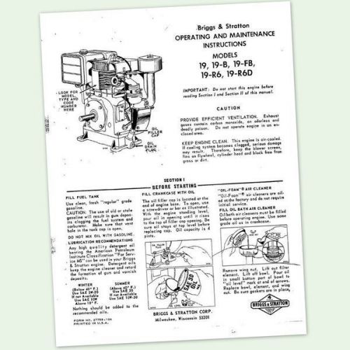 BRIGGS AND STRATTON MODEL 19-R6D ENGINE OPERATORS OWNERS MAINTENANCE MANUAL &amp; BS