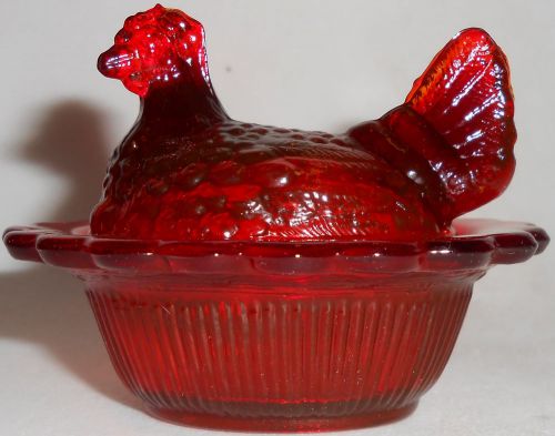 Ruby Red glass salt cellar celt hen chicken on nest basket dish chick dip royal