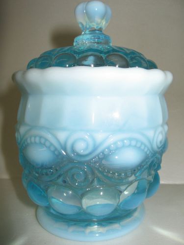 Aqua Blue Opalescent glass eyewinker pattern Covered Candy dish / sugar bowl jar