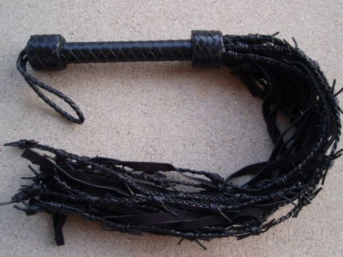 Black Leather Flogger Whip GATED BARBED WIRE CAT 9 TAILS NEW CAT - HORSE TRAINER