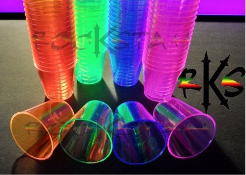 200pc- 1oz Neon Plastic Shot Glass Cups- Semi Reuseable, Blacklight UV Reactive