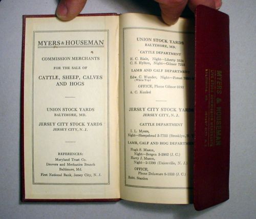 Live Stock Merchants Myers &amp; Houseman Baltimore NJ Union Stock Yards Book 1938