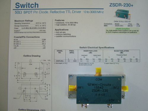 RF SWITCH 10MHz - 3GHz  SPDT.  TTL CONTROL, ZSDR-230. MINICIRCUITS 50 ohm