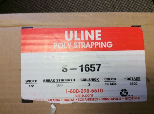 ULine S-1657 1/2&#034; x .015&#034; x 4,500&#039; Black Polyester Strapping-New in Box 2 Rolls