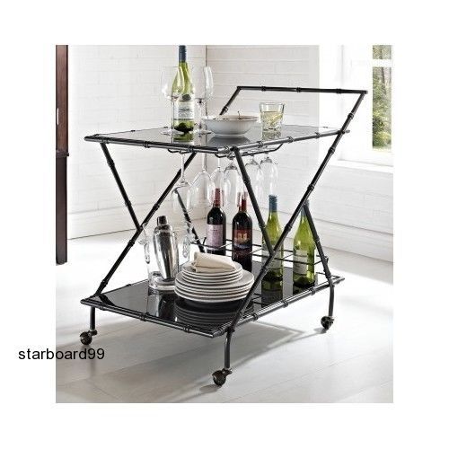 Serving cart tea wine food beverage bar party glass &amp; metal black racks elegant for sale