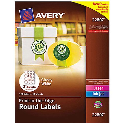 Avery 22807 print-to-the-edge round labels, 2&#034; diameter, 120/pk, glossy white for sale
