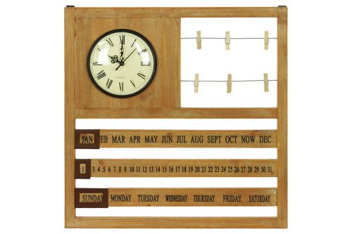 Wooden Wall Calendar with Clock 3 Sliders and 6 Picture Pins Natural Wood Finish