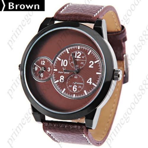 Dual Time Round Quartz Analog Wrist Men&#039;s Free Shipping Wristwatch Brown