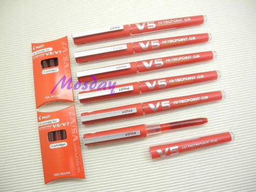 6pcs Pilot Hi-Tecpoint V5 Cartridge System RollerBall Pen+Refill 6+6, RED