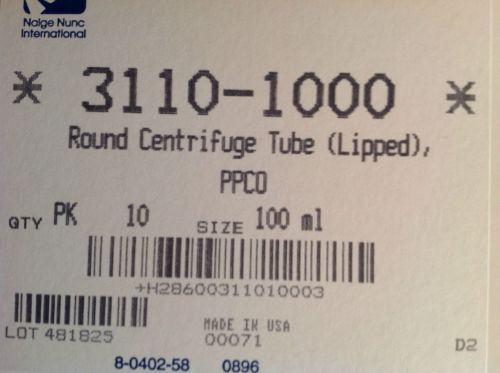 Nalgene 3110-1000, Plastic Round Centrifuge Tube(Lipped), PPCO, 100mL, Pk of 10
