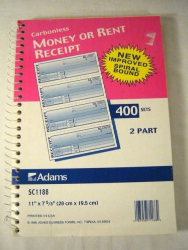 Money or Rent Receipt Book 2 Part 400 Sets Carbonless Adams Spiral Bound Record