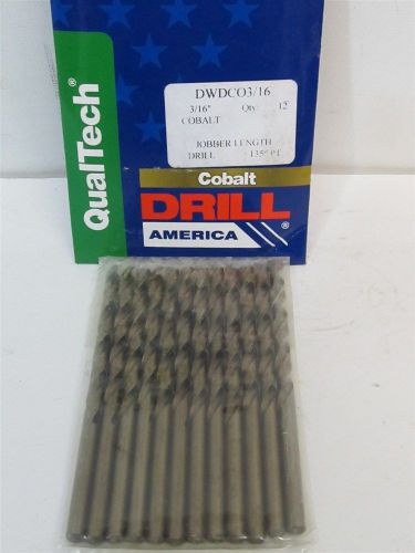 Drill America QualTech DWDCO3/16, 3/16&#034; Cobalt Jobber Length Drill Bits - 12 ea
