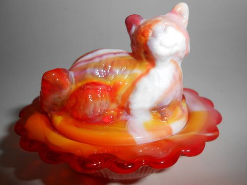 Ruby Red &amp; milk slag glass salt cellar celt cat kitten kitty on nest basket dish