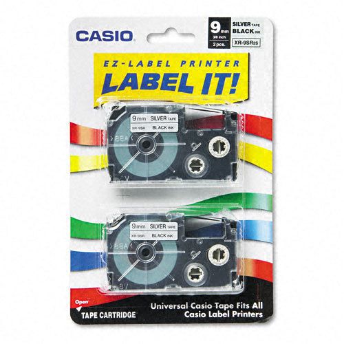 Casio Tape Cassettes for KL Label Makers, 9mm x 26ft, Black on Silver, 2/Pack
