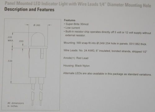5102H3-5V - LED Amber Indicator Light Panel Mount - 1/4&#034; Hole - 2-wire lead