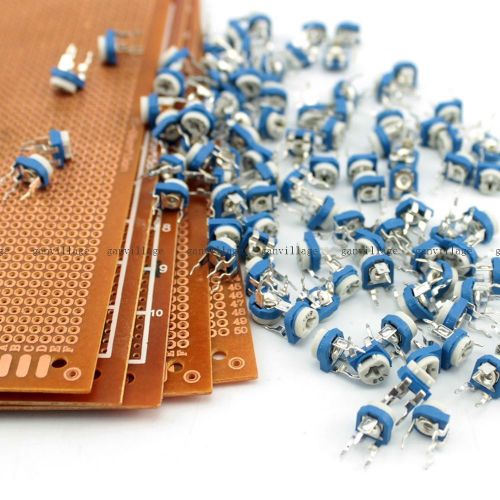 5X Prototype Paper Circuit Breadboard PCB Board + 100X 10K Adjustable Resistor