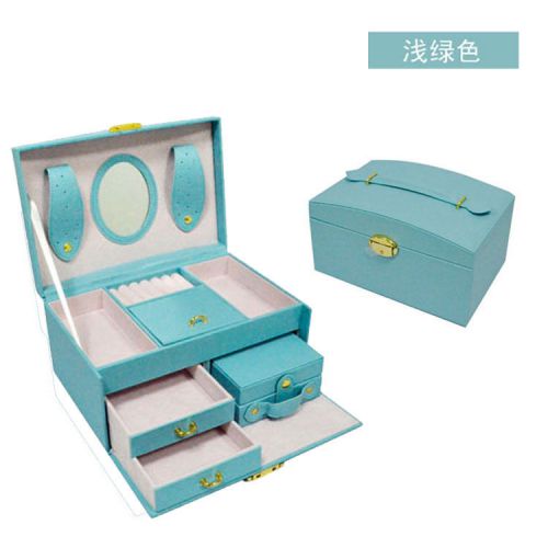 Jewelry Box Storage Organizer Case Wedding Birthday Gift Mirror PU Leather Blue