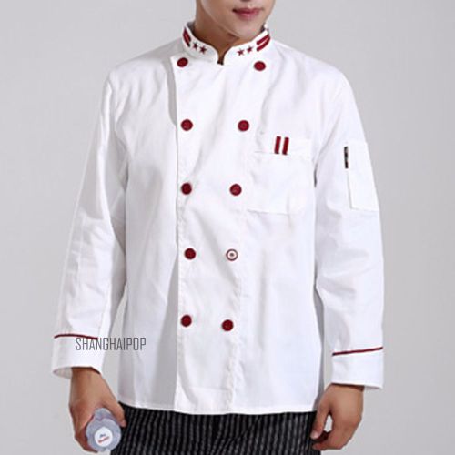 Chef Uniform Double Breasted Cook Jacket Coat Costume Long Sleeve Top White New