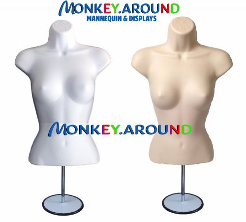 2 Female Mannequin Torso Form White Flesh 2 Hook +2 Stand Display Clothing Dress
