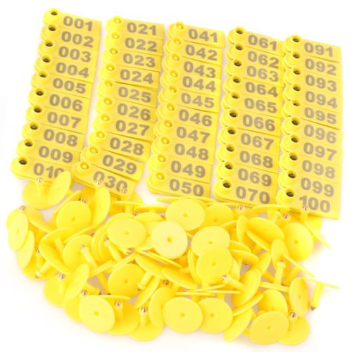 1-100 Number Livestock Ear Tag Label Marker Yellow Plate for Cow Pig Goat 100pcs