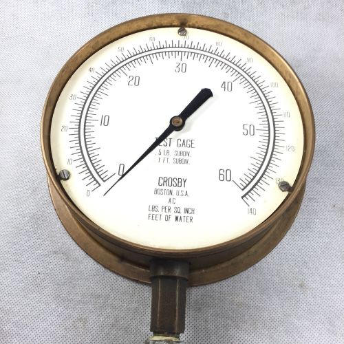 Vintage Crosby Brass Test Gage 6&#034; Face, Lbs. per Sq. Inch Feet of Water Gauge
