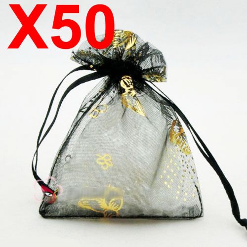 X50 MEDIUM black butterfly organza gift candy bags jewellery favour pouches wrap