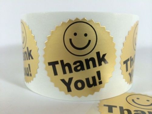 100 BIG THANK YOU LABEL SMILEY 2&#034; STICKER Starburst GOLD FOIL NEW THANK YOU