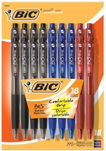 BIC BU3 Retractable Grip Ball Pen 1.0 mm Medium Point Black/Blue/Red 18 pk