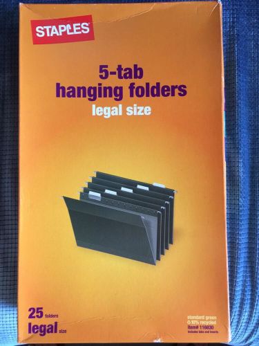 25 pack NEW Staples 5-tab Legal Size Hanging File Folders - Standard Green