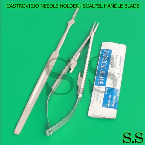 CASTROVIEJO NEEDLE HOLDER STRAIGHT 5.5&#034;+SCALPEL HANDLE #7+5 SURGICAL BLADES #10