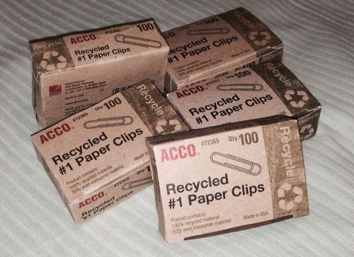 Acco Recycled Paper Clips, #1 Size,  5   Boxes of 100 (72365)-made in U.S.A-