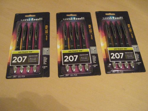 NEW LOT (3) 4 PACK UNI-BALL 207 VIBRANT GEL PEN ULTRA MEDIUM BLACK INK 12 PENS