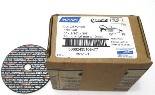 25 Pack Norton 3&#034; x 1/16&#034; x 3/8&#034; 66243510647 Cut-Off Wheels Gemini Free Cut