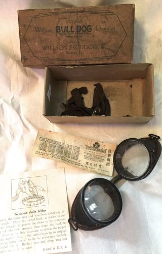 Vtg Steampunk Safety Goggles Bull Dog brand by Wilson Patent  1930&#039;s w/Box