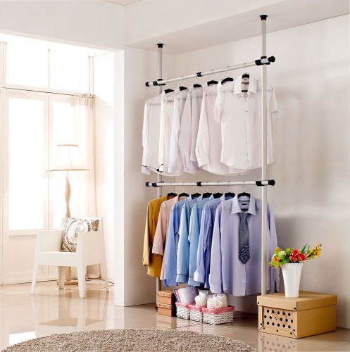 Flexi Garment Rack DIY Coat Hanger Clothes Wardrobe Double Pole Free Hook Shelf
