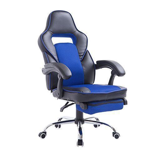 Race Car Style  Leather Reclining Office Chair with Footrest  Blue and Black
