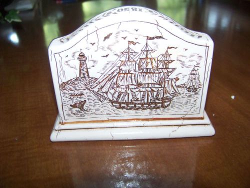 Business Card Holder Display Stand Faux Scrimshaw FIGI 1850 Whaling Ship Sails