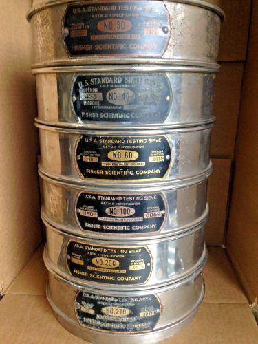 6 vintage testing sieves no. 30, 40, 80, 100, 200, 270 for sale