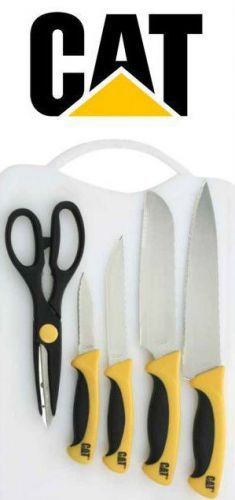 New 6 pc caterpillar cat cutlery set yellow handle knife scissors cut board for sale