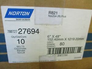 NEW BOX OF 10 NORTON R821  78072727694 6&#034;X48&#034; SANDING BELTS 80 GRIT