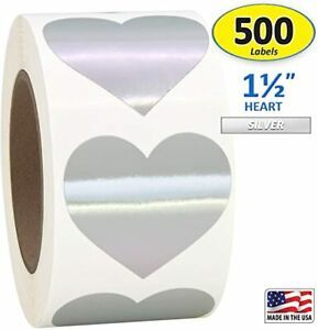 Silver Heart Shaped Sticker Labels, 1 1/2&#034; Diameter, 500 per Roll, 1.5 inch