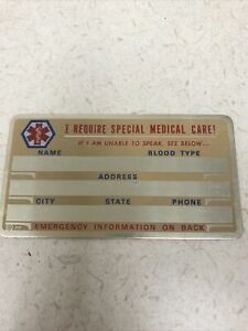 VINTAGE METAL Special Medical Care  Emergency Card USA New.    R